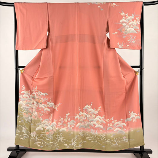 【庫存清倉】訪問服 身長157.5cm 袖長65cm M 雙層 松樹竹子梅花 花車 金銀彩 漸層 粉色 純蠶絲 優品級