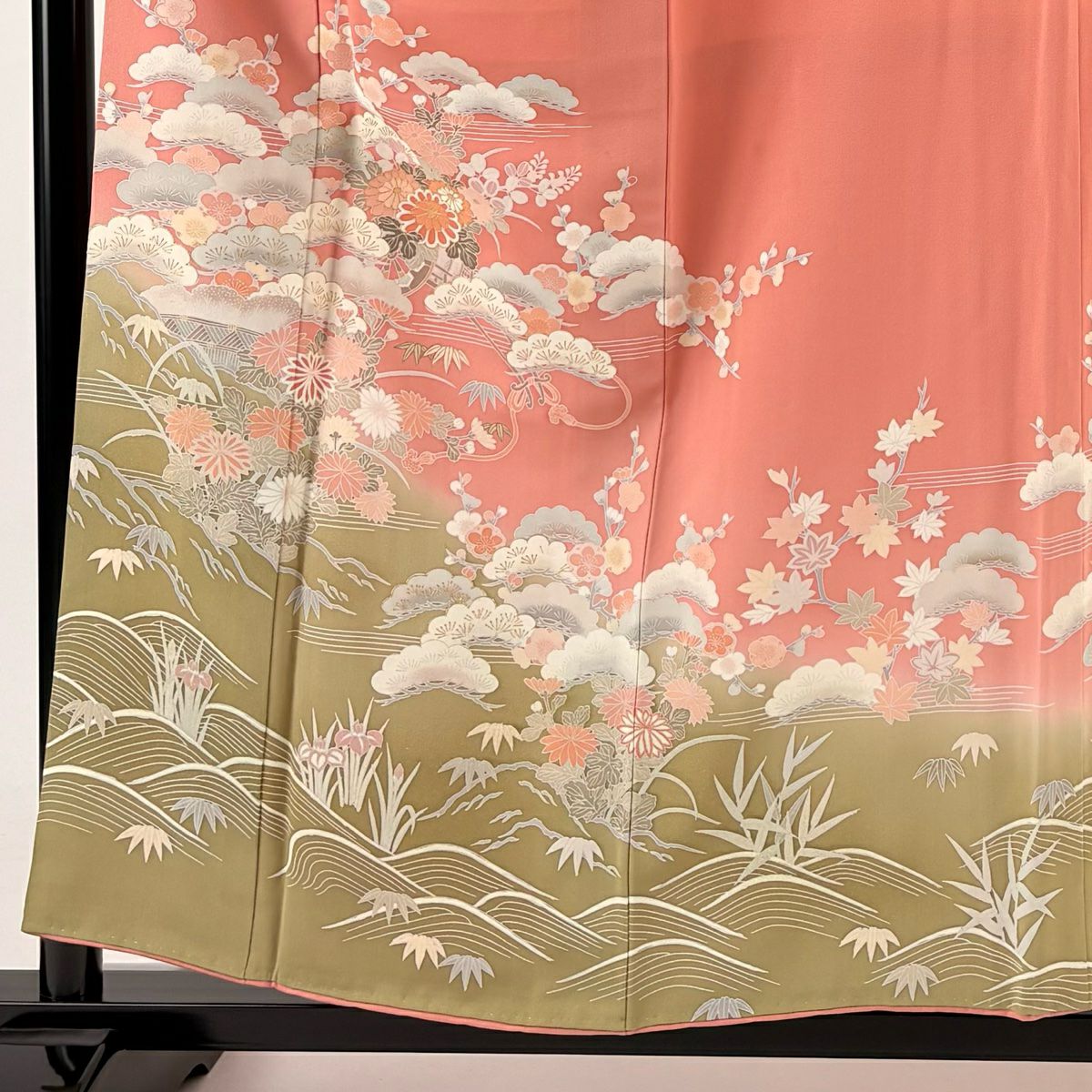 【庫存清倉】訪問服 身長157.5cm 袖長65cm M 雙層 松樹竹子梅花 花車 金銀彩 漸層 粉色 純蠶絲 優品級