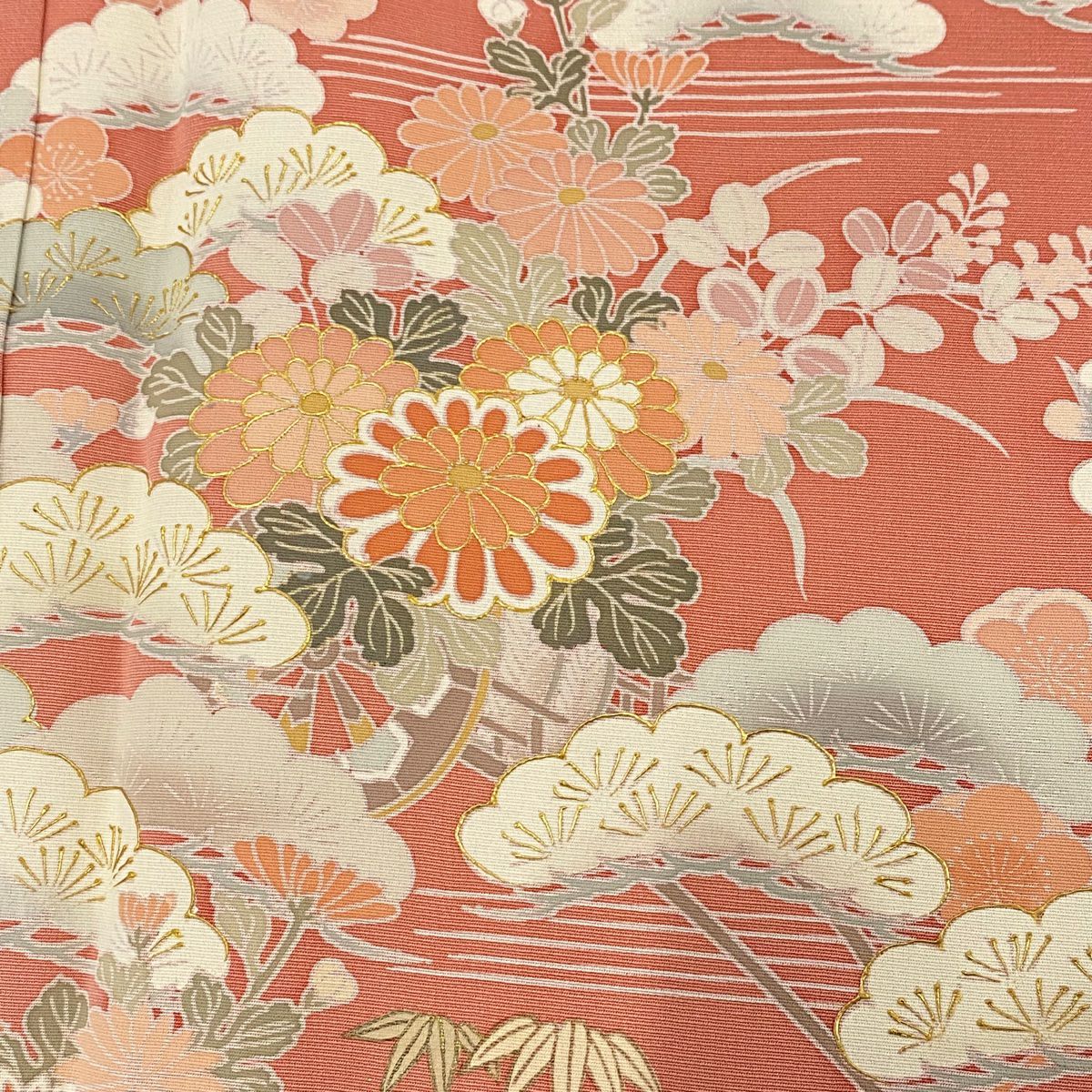 【庫存清倉】訪問服 身長157.5cm 袖長65cm M 雙層 松樹竹子梅花 花車 金銀彩 漸層 粉色 純蠶絲 優品級