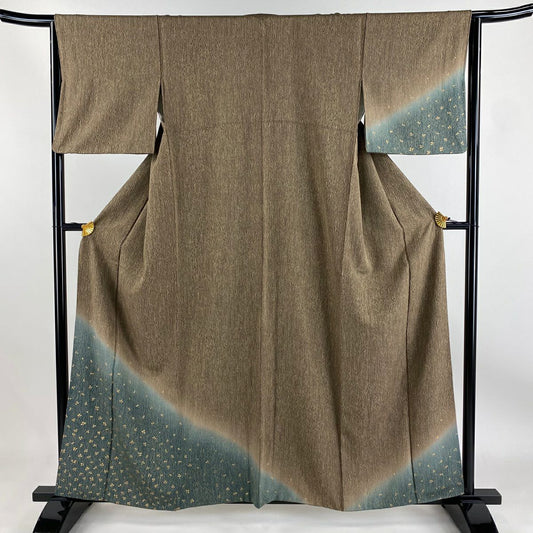【庫存清倉】 付下 身長159cm 袖長65cm M 雙層 葉子 斜條紋 金銀彩 漸層 茶 純蠶絲 優品級