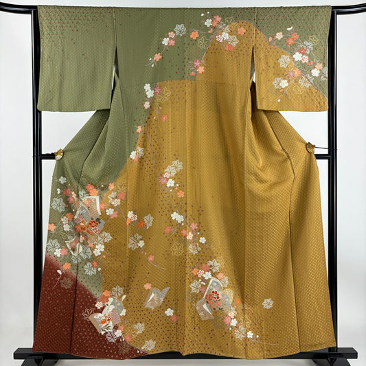 【庫存清倉】訪問服 身長155.5cm 袖長64cm M 雙層 鈴乃屋 冊子 花鳥 金絲 金銀彩 灰綠 純蠶絲 優品級