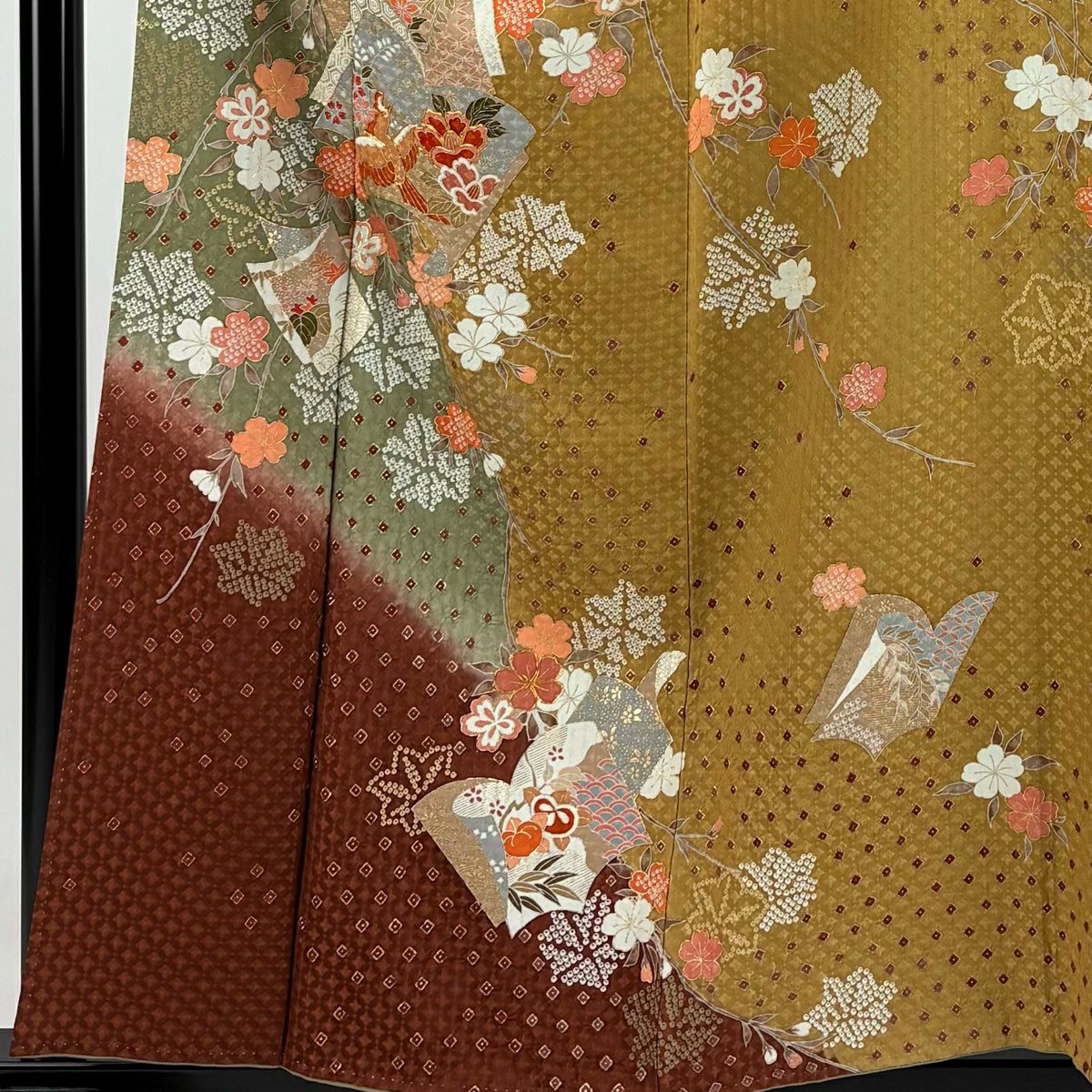 【庫存清倉】訪問服 身長155.5cm 袖長64cm M 雙層 鈴乃屋 冊子 花鳥 金絲 金銀彩 灰綠 純蠶絲 優品級