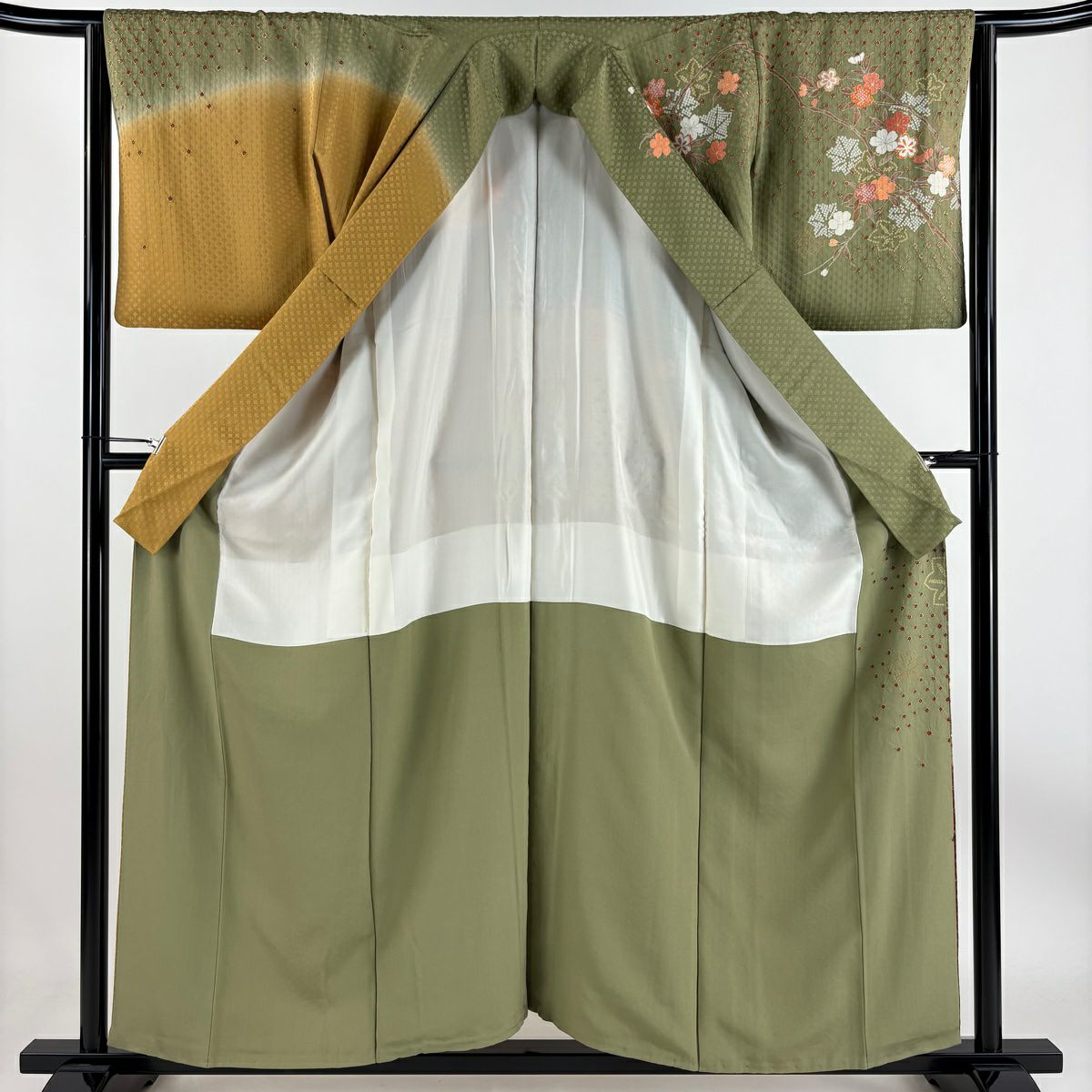 【庫存清倉】訪問服 身長155.5cm 袖長64cm M 雙層 鈴乃屋 冊子 花鳥 金絲 金銀彩 灰綠 純蠶絲 優品級