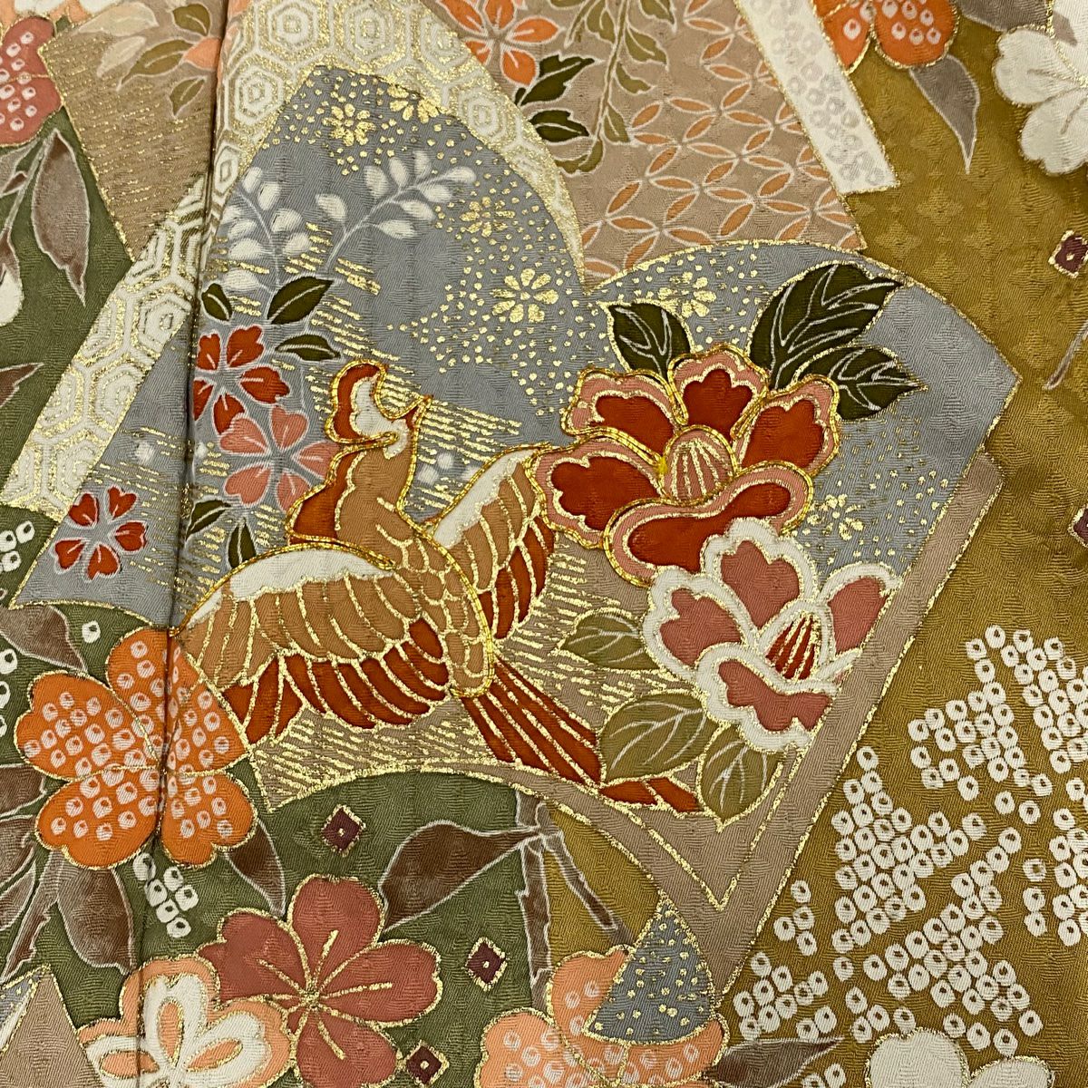 【庫存清倉】訪問服 身長155.5cm 袖長64cm M 雙層 鈴乃屋 冊子 花鳥 金絲 金銀彩 灰綠 純蠶絲 優品級
