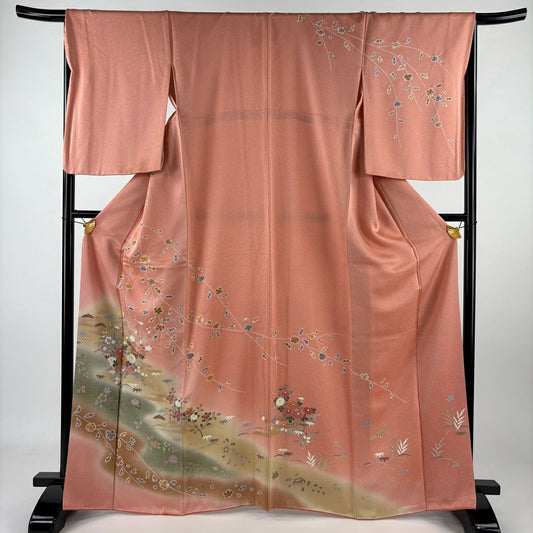 【庫存清倉】訪問服 身長166cm 袖長67cm M 雙層 花籠 草花紋紋 金彩裝飾 漸層 鮭粉色 純蠶絲 優品級