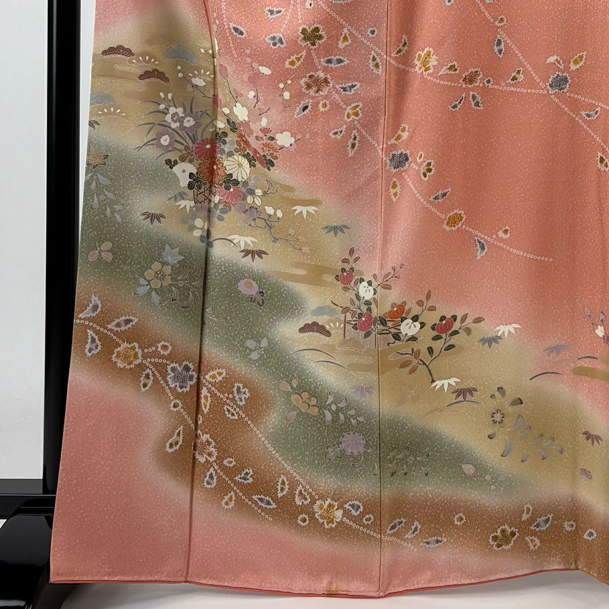【庫存清倉】訪問服 身長166cm 袖長67cm M 雙層 花籠 草花紋紋 金彩裝飾 漸層 鮭粉色 純蠶絲 優品級