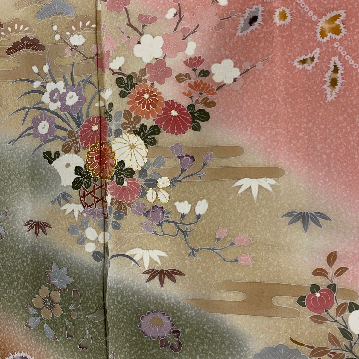【庫存清倉】訪問服 身長166cm 袖長67cm M 雙層 花籠 草花紋紋 金彩裝飾 漸層 鮭粉色 純蠶絲 優品級