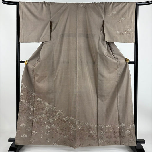 【庫存清倉】訪問服 身長163cm 袖長65cm M 雙層 紬織織 若松樹 龜甲絣 灰茶 純蠶絲 優品級