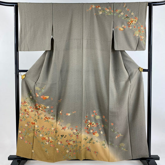 【庫存清倉】訪問服 身長159.5cm 袖長62cm S 雙層 草花紋紋 扇子面 金彩裝飾 染分 灰茶 純蠶絲 優品級