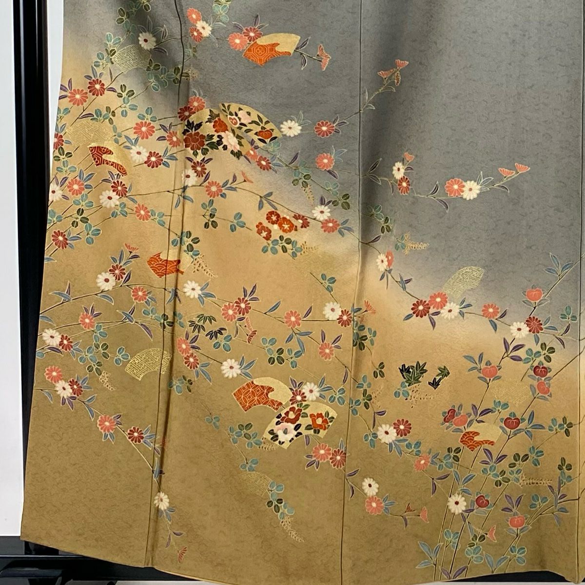 【庫存清倉】訪問服 身長159.5cm 袖長62cm S 雙層 草花紋紋 扇子面 金彩裝飾 染分 灰茶 純蠶絲 優品級
