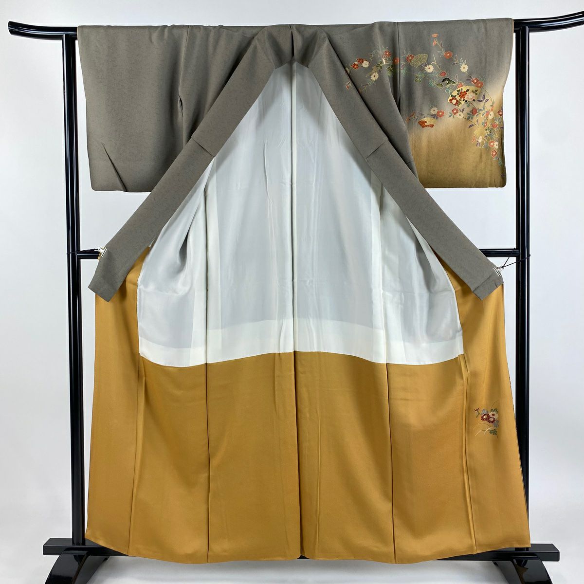 【庫存清倉】訪問服 身長159.5cm 袖長62cm S 雙層 草花紋紋 扇子面 金彩裝飾 染分 灰茶 純蠶絲 優品級