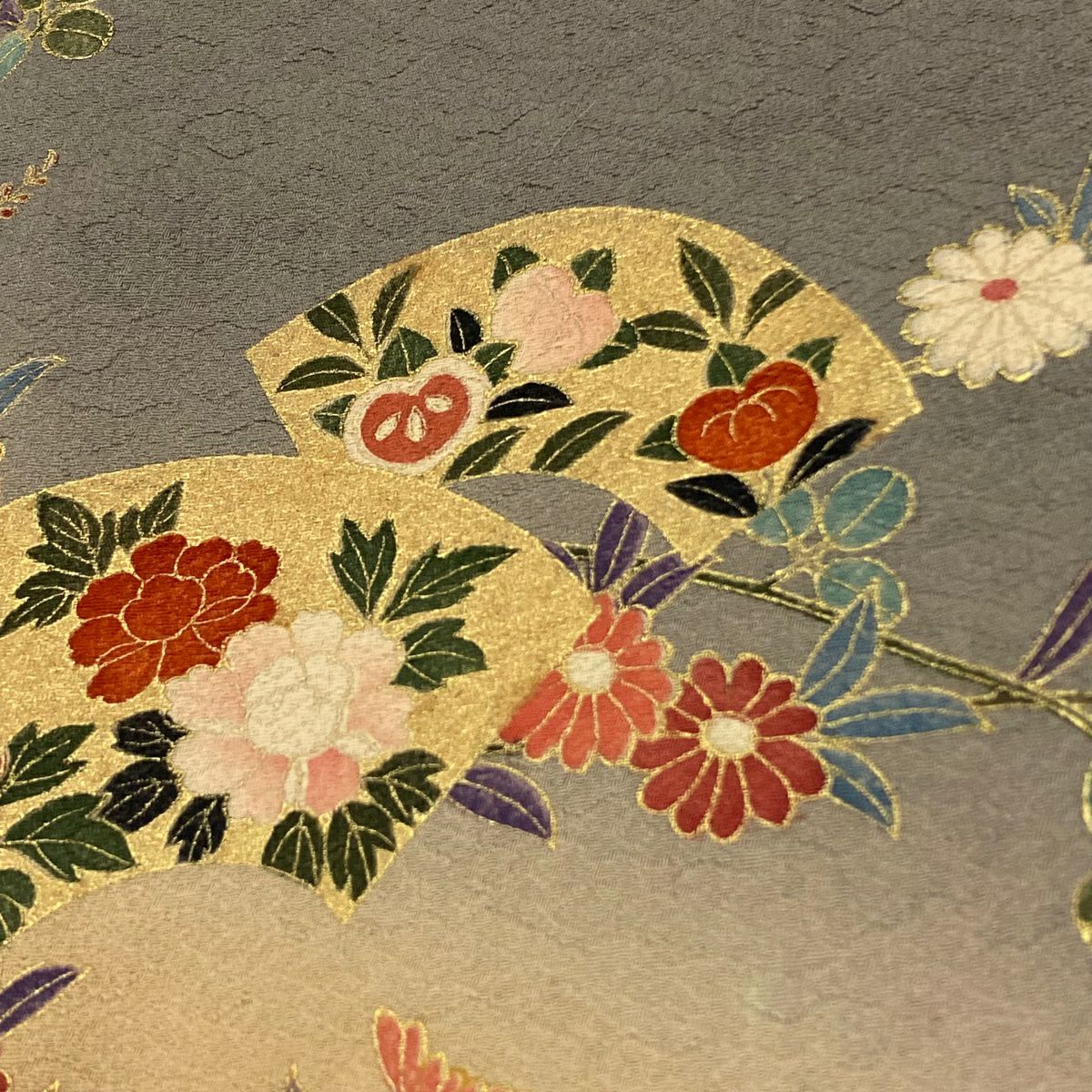 【庫存清倉】訪問服 身長159.5cm 袖長62cm S 雙層 草花紋紋 扇子面 金彩裝飾 染分 灰茶 純蠶絲 優品級