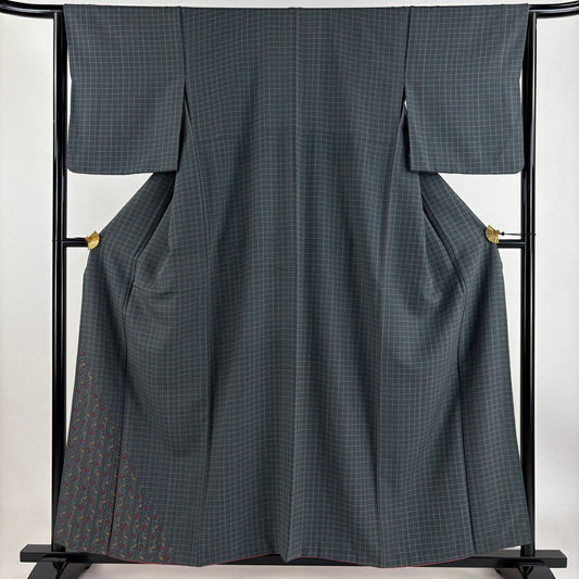 【庫存清倉】 付下 身長158cm 袖長63.5cm S 雙層 草花紋紋 格子 灰綠 純蠶絲 美品 秀品級