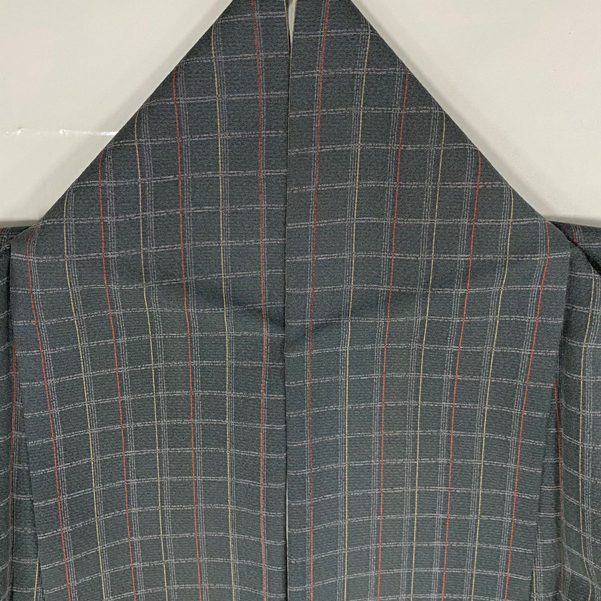 【庫存清倉】 付下 身長158cm 袖長63.5cm S 雙層 草花紋紋 格子 灰綠 純蠶絲 美品 秀品級