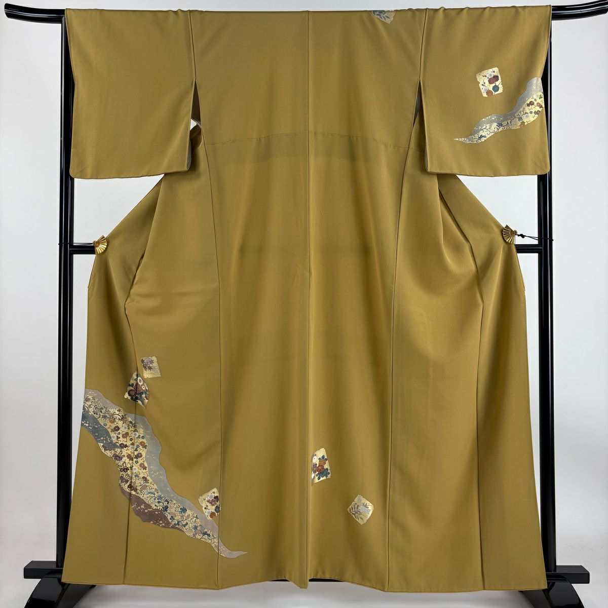 【清倉特賣】 付下 身長160cm 袖長67cm M 雙層 破損色紙 花唐草紋 金銀彩 黃土 純蠶絲 優品級