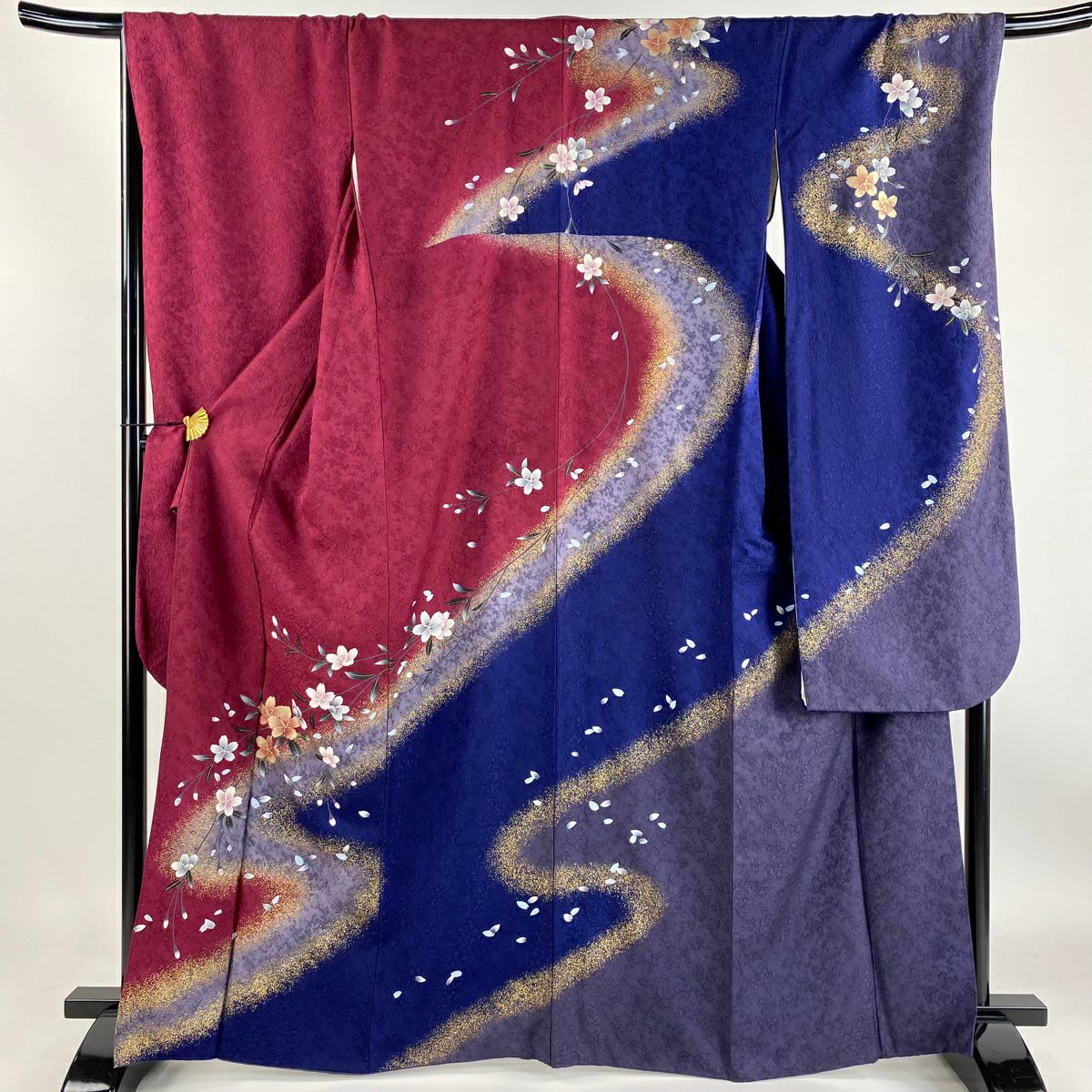 【庫存清倉】振袖禮服 身長165cm 袖長69.5cm L 雙層 大和 金銀彩 染分 玫瑰紅 純蠶絲 名品級