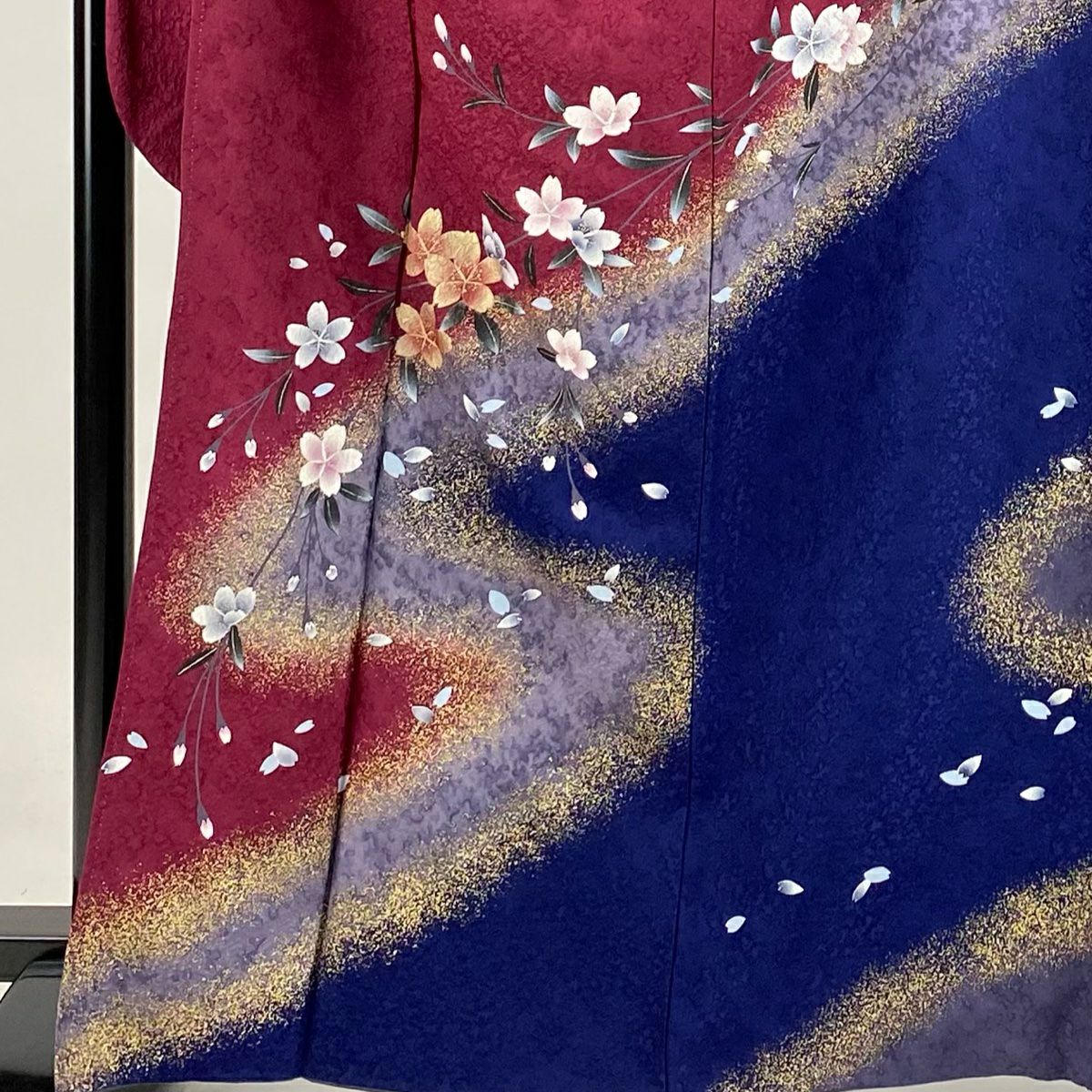 【庫存清倉】振袖禮服 身長165cm 袖長69.5cm L 雙層 大和 金銀彩 染分 玫瑰紅 純蠶絲 名品級