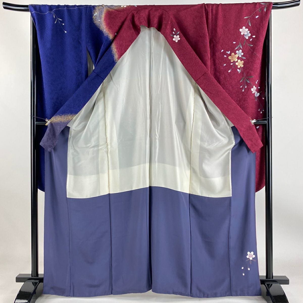 【庫存清倉】振袖禮服 身長165cm 袖長69.5cm L 雙層 大和 金銀彩 染分 玫瑰紅 純蠶絲 名品級