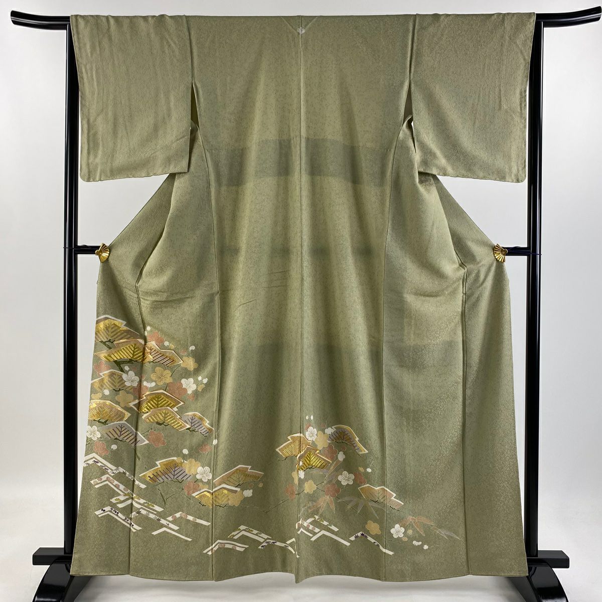 色留袖禮服 身長163cm 袖長63.5cm S 雙層 千總 落款あり 松樹竹子梅花 金糸 金銀彩 灰綠 純蠶絲 逸品級