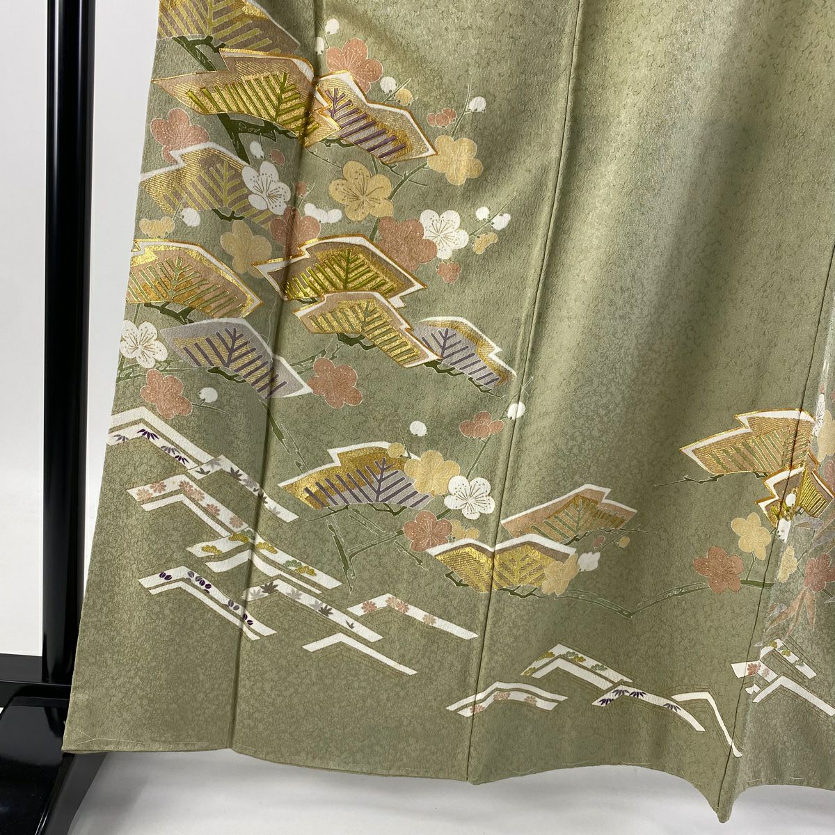 色留袖禮服 身長163cm 袖長63.5cm S 雙層 千總 落款あり 松樹竹子梅花 金糸 金銀彩 灰綠 純蠶絲 逸品級