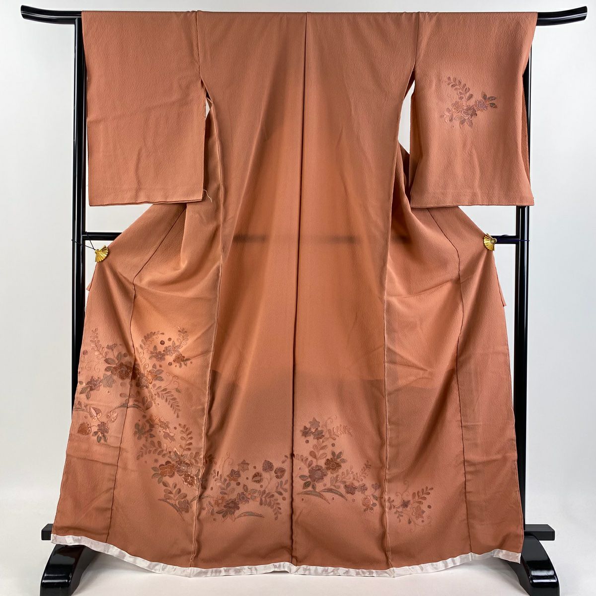 【庫存清倉】訪問服 身長173cm 袖長67cm M 未仕立 花唐草紋 楓刺繡 漸層 鮭粉色 純蠶絲 美品 名品級