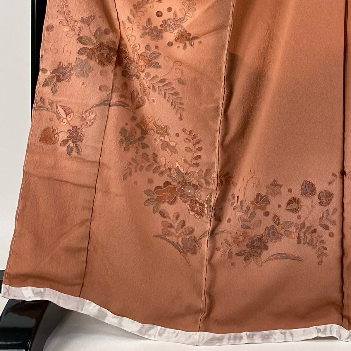 【庫存清倉】訪問服 身長173cm 袖長67cm M 未仕立 花唐草紋 楓刺繡 漸層 鮭粉色 純蠶絲 美品 名品級