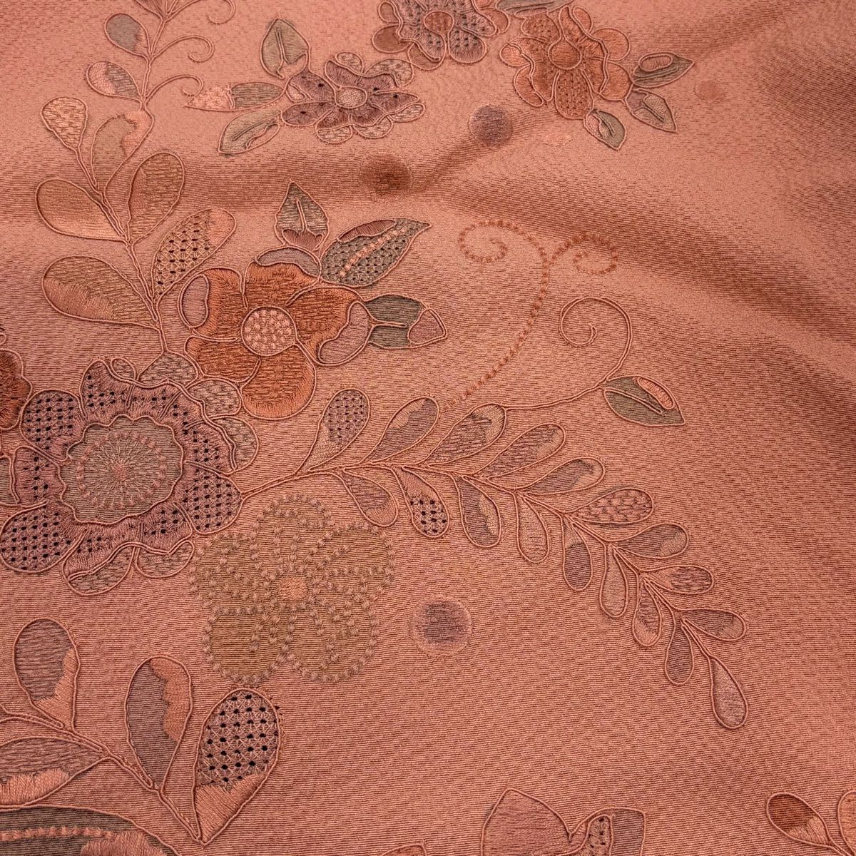 【庫存清倉】訪問服 身長173cm 袖長67cm M 未仕立 花唐草紋 楓刺繡 漸層 鮭粉色 純蠶絲 美品 名品級