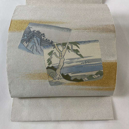 【庫存清倉】 名古屋帶 優品級 八寸名古屋帶 松樹葉仕立 紙色 樹木 金金箔 奶油色 純蠶絲