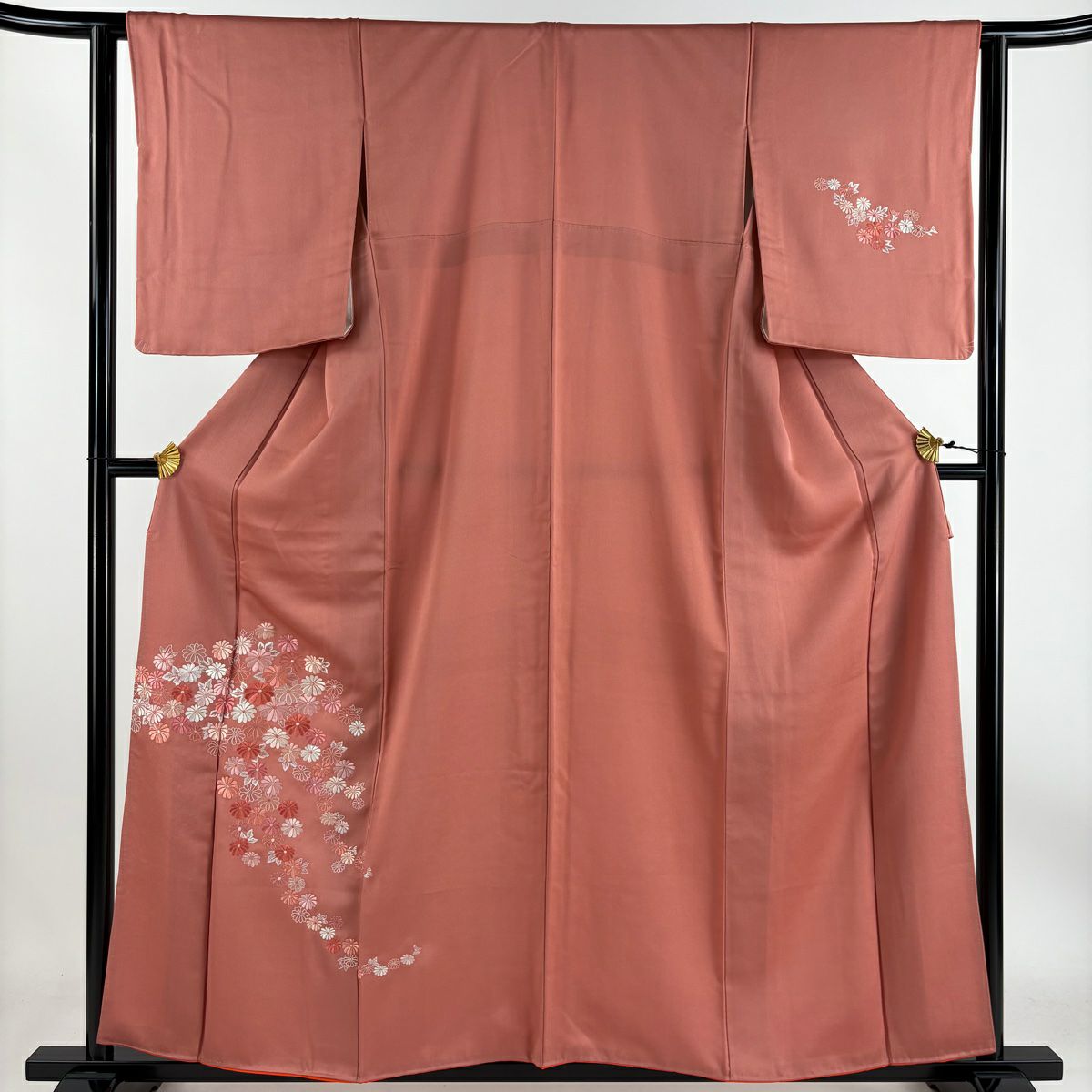 【庫存清倉】 付下 身長158cm 袖長62.5cm S 雙層 菊花花刺繡 粉紅 純蠶絲 優品級