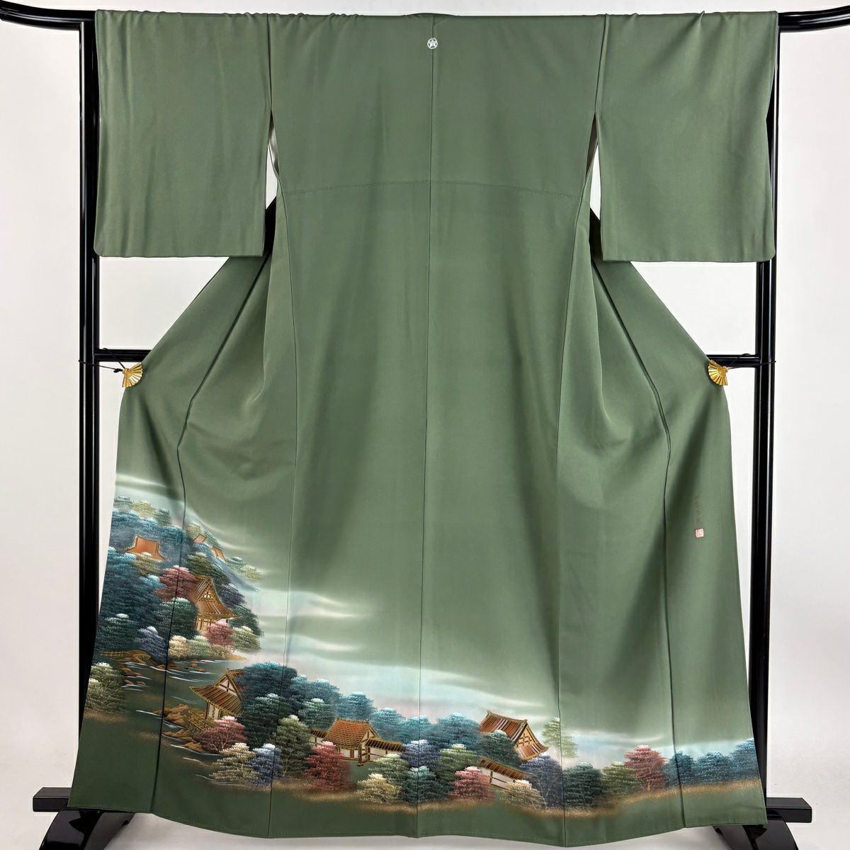 【庫存清倉】 留袖禮服禮服 身長163.5cm 袖長66cm M 雙層 建物 樹木 金銀彩 漸層 灰綠 純蠶絲 優品級 一個紋
