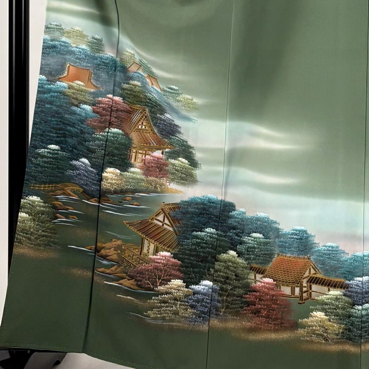 【庫存清倉】 留袖禮服禮服 身長163.5cm 袖長66cm M 雙層 建物 樹木 金銀彩 漸層 灰綠 純蠶絲 優品級 一個紋