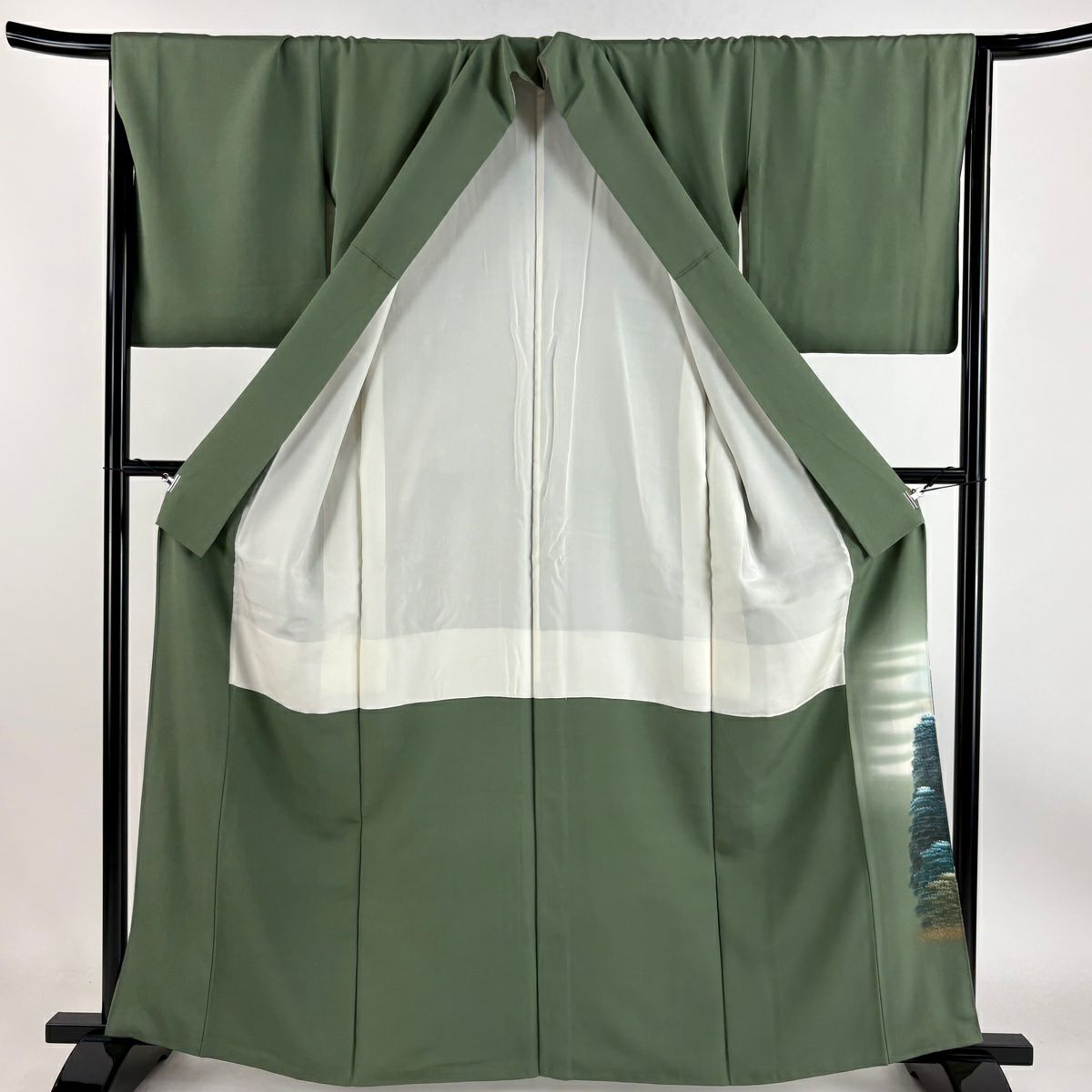 【庫存清倉】 留袖禮服禮服 身長163.5cm 袖長66cm M 雙層 建物 樹木 金銀彩 漸層 灰綠 純蠶絲 優品級 一個紋