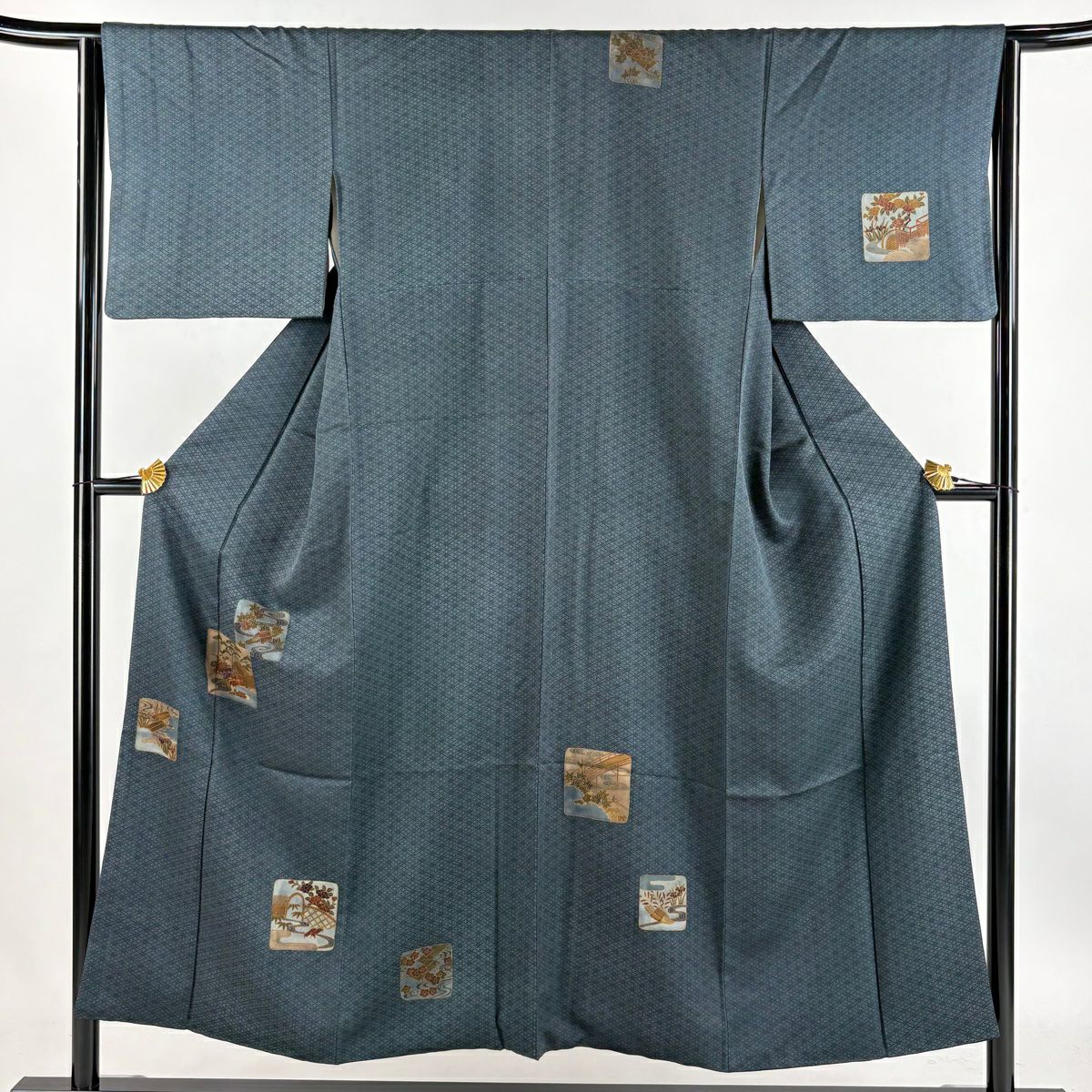 【庫存清倉】 付下 身長153cm 袖長64.5cm M 雙層 草花紋紋 流水刺繡 金銀彩 青灰 純蠶絲 優品級