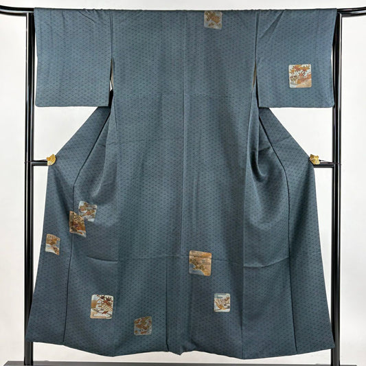 【庫存清倉】 付下 身長153cm 袖長64.5cm M 雙層 草花紋紋 流水刺繡 金銀彩 青灰 純蠶絲 優品級