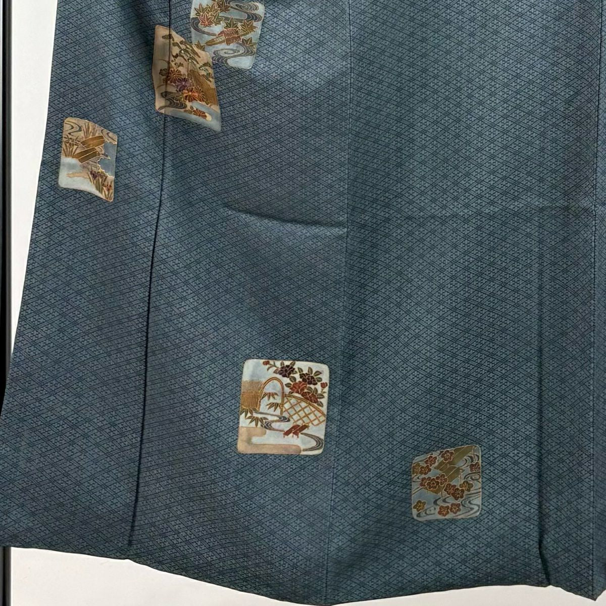 【庫存清倉】 付下 身長153cm 袖長64.5cm M 雙層 草花紋紋 流水刺繡 金銀彩 青灰 純蠶絲 優品級