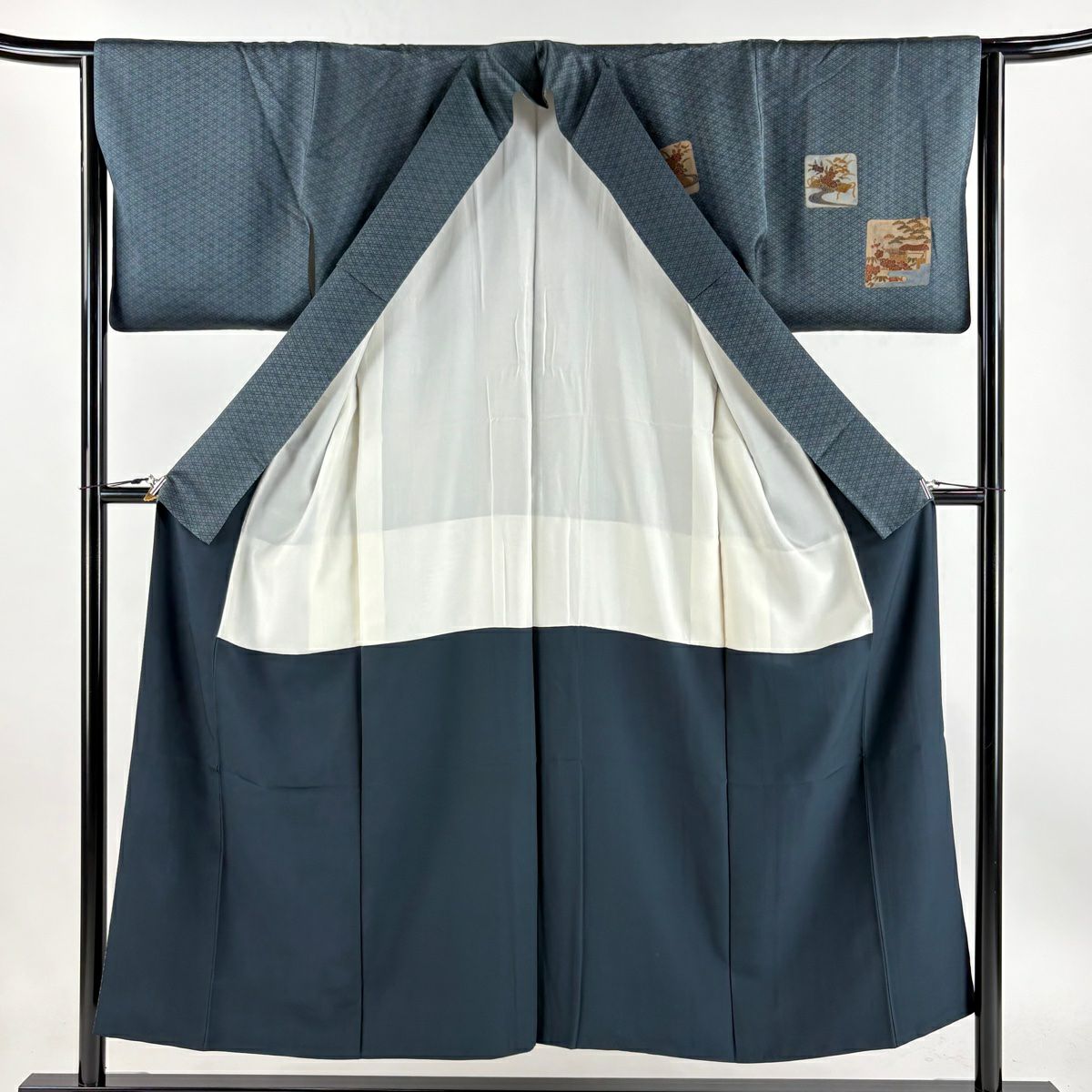 【庫存清倉】 付下 身長153cm 袖長64.5cm M 雙層 草花紋紋 流水刺繡 金銀彩 青灰 純蠶絲 優品級