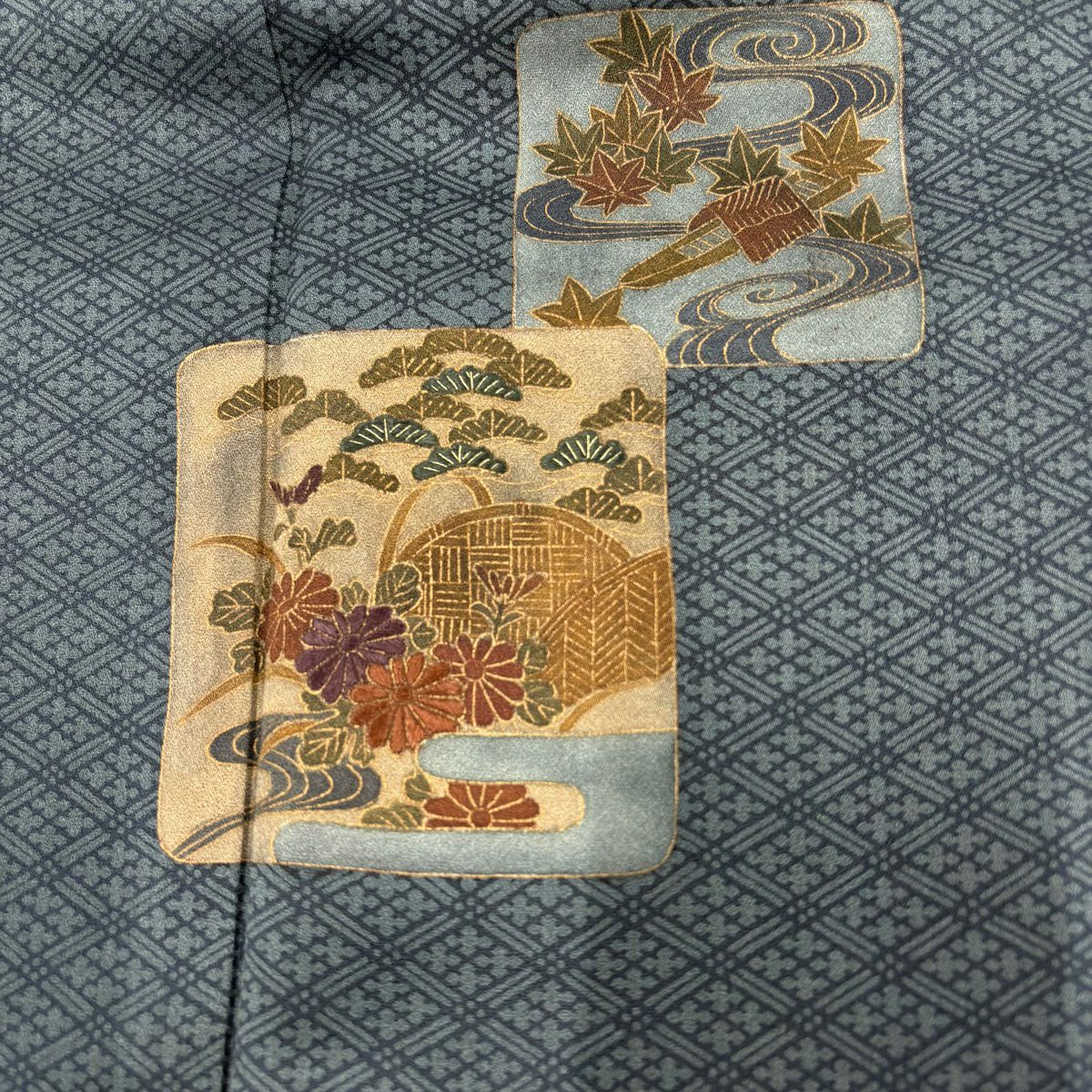 【庫存清倉】 付下 身長153cm 袖長64.5cm M 雙層 草花紋紋 流水刺繡 金銀彩 青灰 純蠶絲 優品級