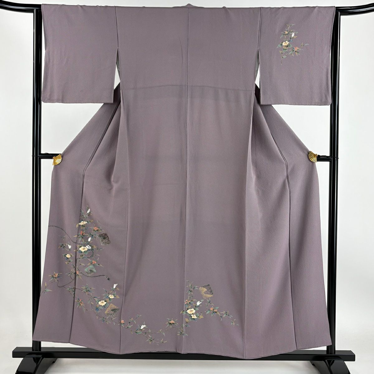 【庫存清倉】 付下 身長155.5cm 袖長65cm M 雙層 枝花 組織帶 金銀彩 縮緬 灰紫 純蠶絲 優品級