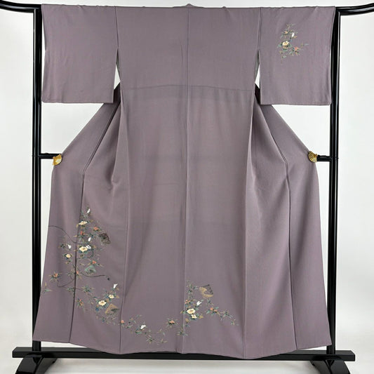 【庫存清倉】 付下 身長155.5cm 袖長65cm M 雙層 枝花 組織帶 金銀彩 縮緬 灰紫 純蠶絲 優品級