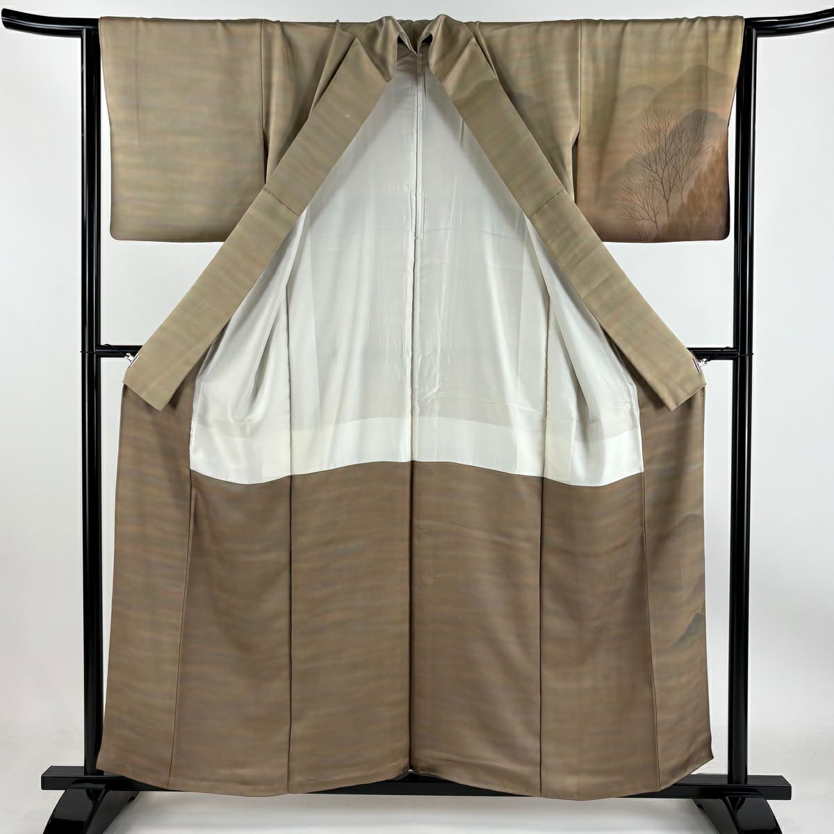 【庫存清倉】訪問服 身長158cm 袖長64.5cm M 雙層 落款有 樹木 山脈 漸層 灰茶 純蠶絲 優品級