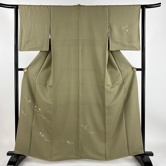 【庫存清倉】 付下 身長163cm 袖長63cm S 雙層 落款 松樹葉 草花紋刺繡 金線 茶綠 純蠶絲 優品級