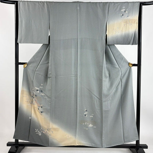 【庫存清倉】 付下 身長156cm 袖長65cm M 雙層 楓 松樹 金銀彩 漸層 灰 純蠶絲 優品級 一個紋