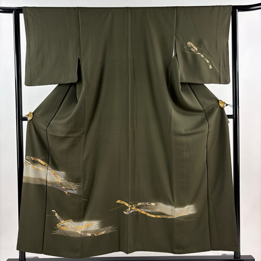【庫存清倉】訪問服 身長152.5cm 袖長62.5cm S 雙層 蔓帶 霞 金銀彩 刺繡 深綠 純蠶絲 優品級