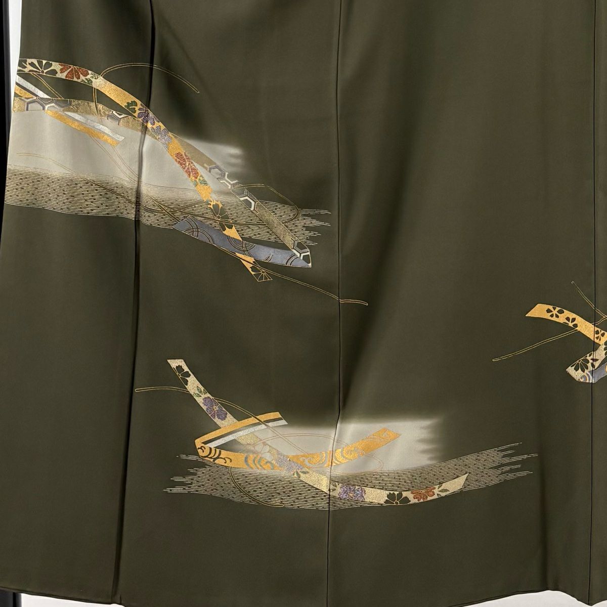 【庫存清倉】訪問服 身長152.5cm 袖長62.5cm S 雙層 蔓帶 霞 金銀彩 刺繡 深綠 純蠶絲 優品級