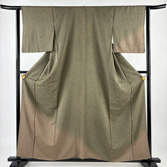 【庫存清倉】 付下 身長158cm 袖長62cm S 雙層 幾何圖案 裾暈染 金銀彩 茶綠 純蠶絲 優品級