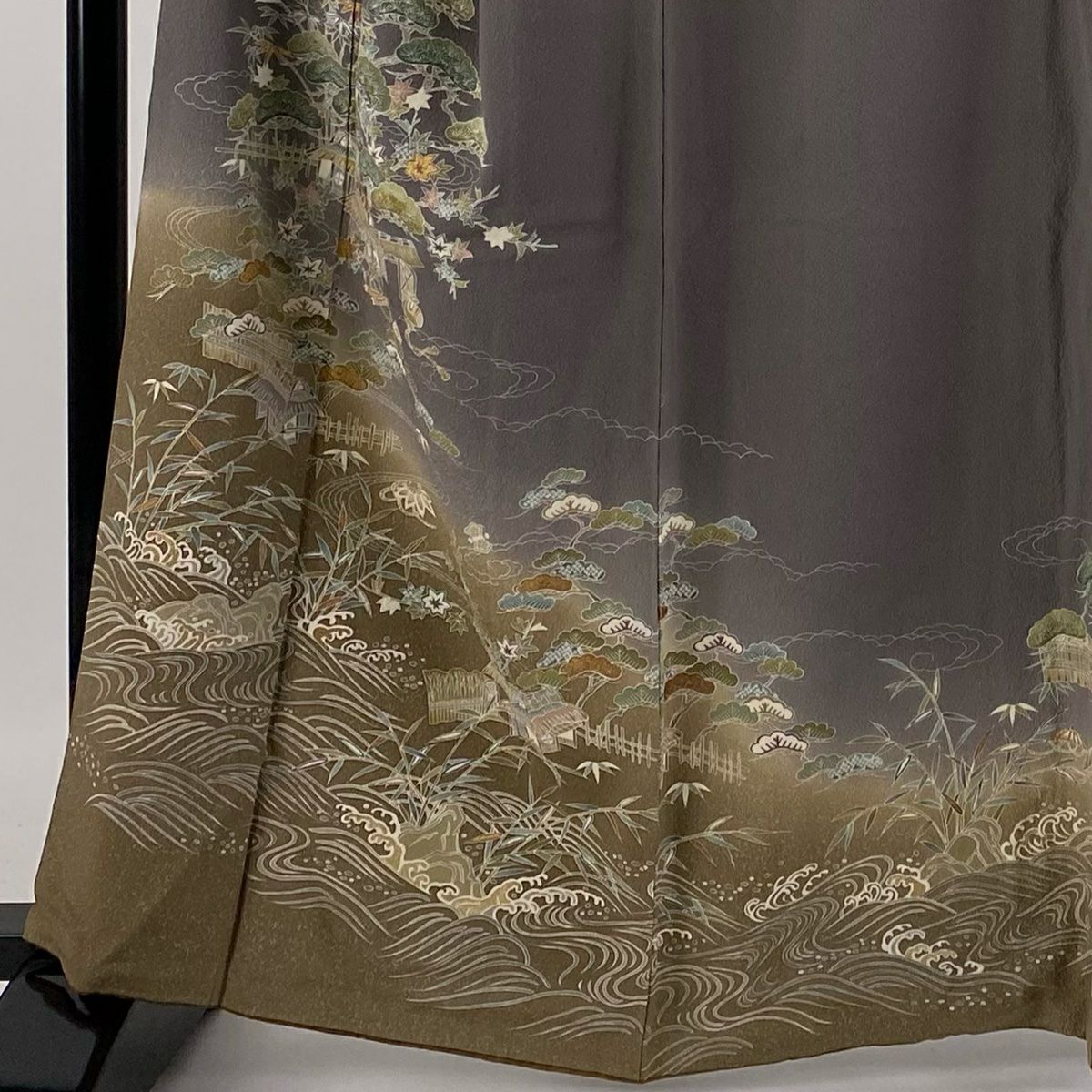 【庫存清倉】訪問服 身長164cm 袖長65cm M 雙層 家屋 松樹 金絲 金銀彩 灰紫 純蠶絲 優品級