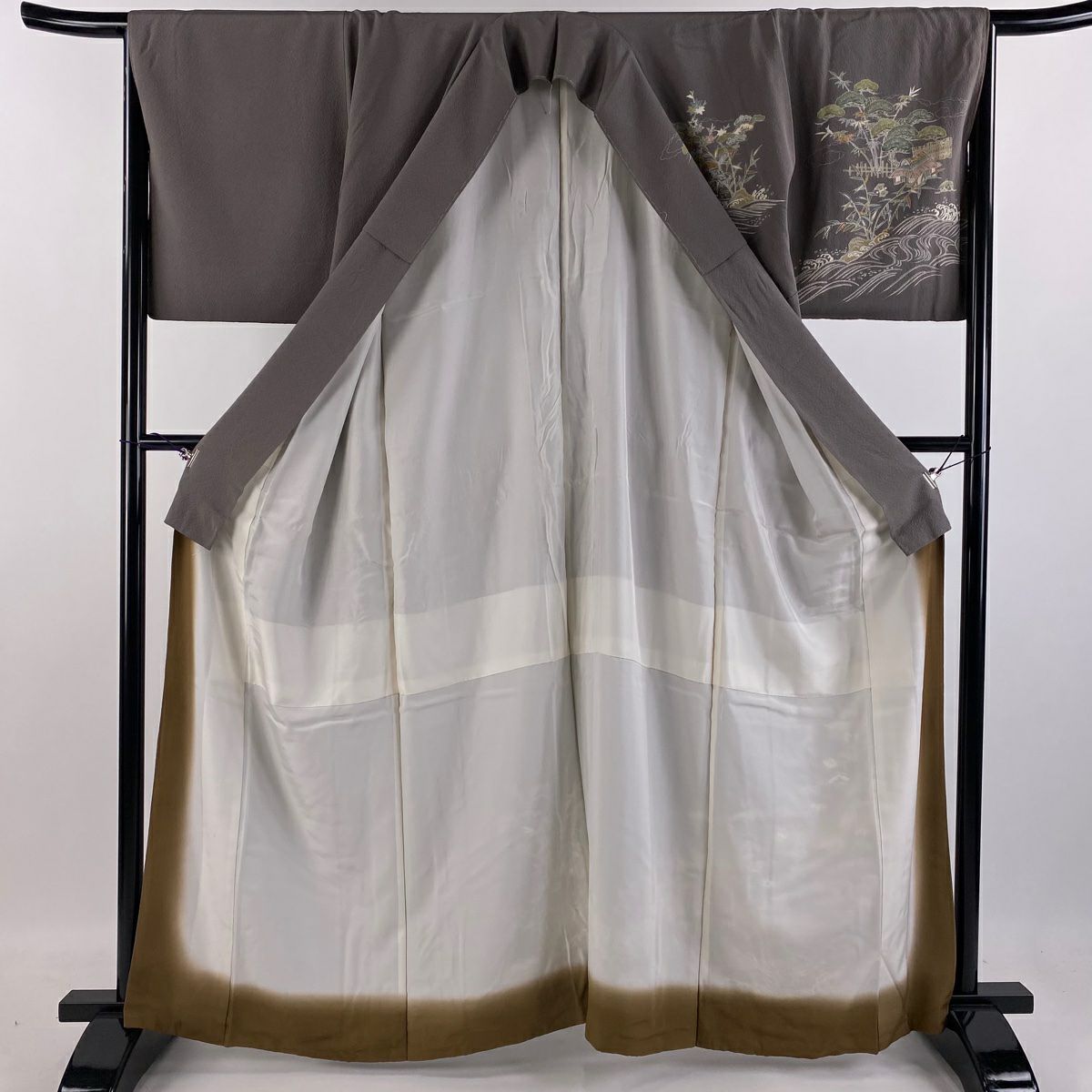 【庫存清倉】訪問服 身長164cm 袖長65cm M 雙層 家屋 松樹 金絲 金銀彩 灰紫 純蠶絲 優品級