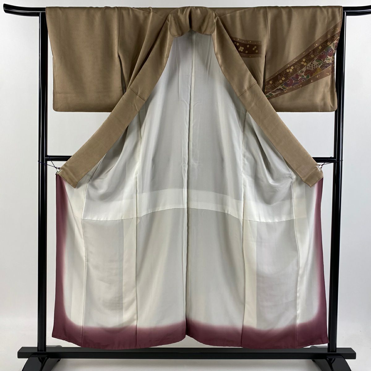 【庫存清倉】 付下 身長154.5cm 袖長64.5cm M 雙層 草花紋紋 流水 金銀彩 淺茶 純蠶絲 優品級