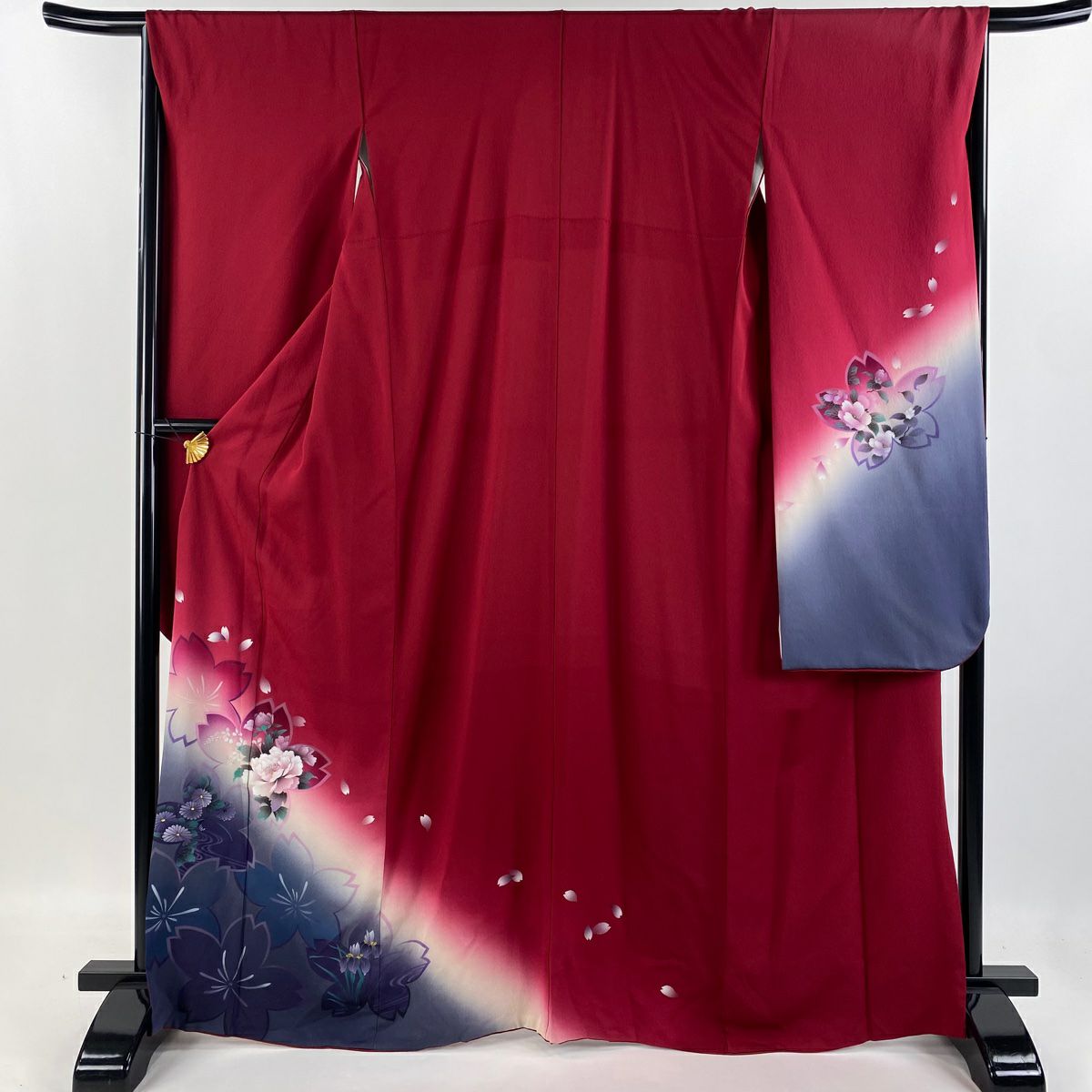 【清倉特賣】振袖禮服 身長166.5cm 袖長66cm M 雙層 櫻花 牡丹 金銀彩 漸層 深粉 純蠶絲 優品級