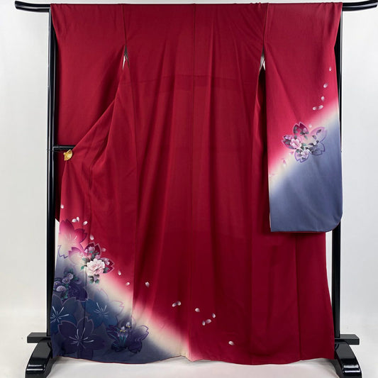 【清倉特賣】振袖禮服 身長166.5cm 袖長66cm M 雙層 櫻花 牡丹 金銀彩 漸層 深粉 純蠶絲 優品級